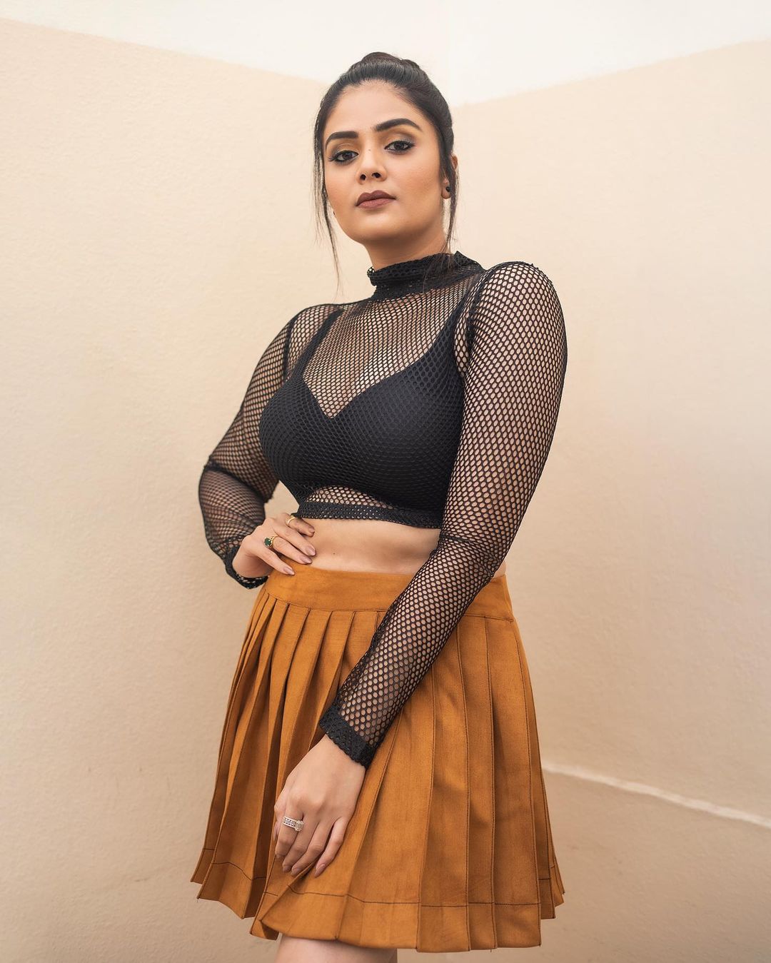 Telugu TV Actress Sreemukhi Stills in Yellow Lehenga Black Choli